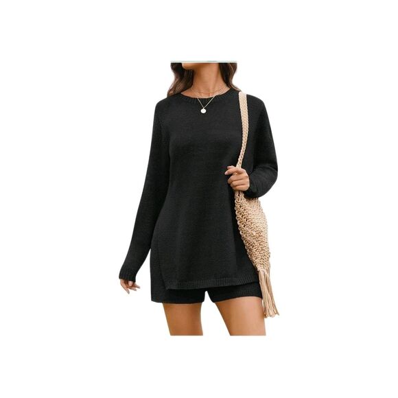 NENONA Women's L Black Two Piece Outfit Long Sleeve Tunic Sweater & Shorts - Picture 4 of 8